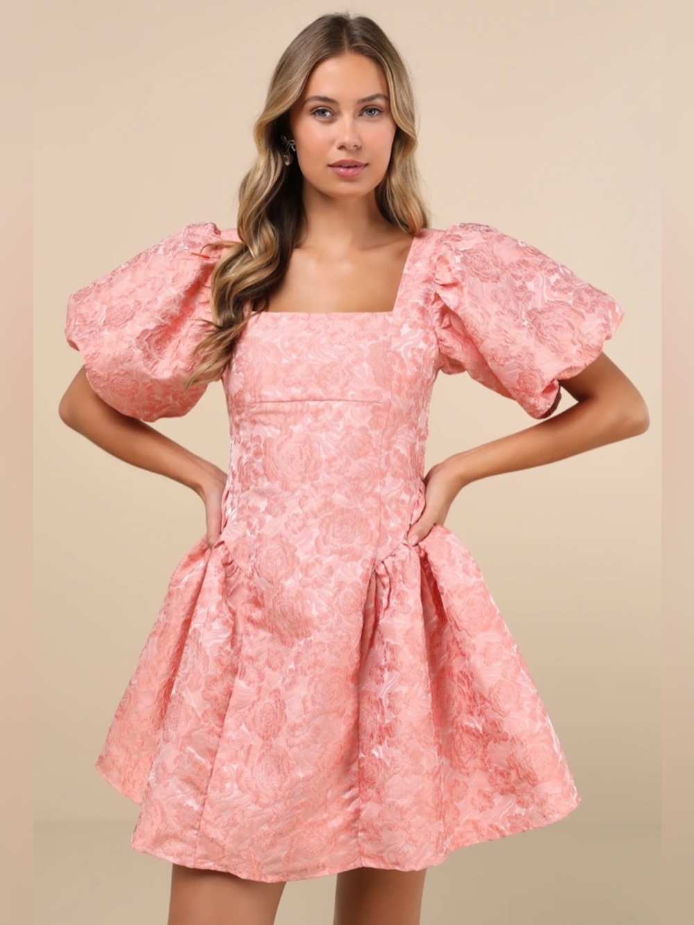 Recital Pink Jacquard Floral Puff Sleeve Mini Dress